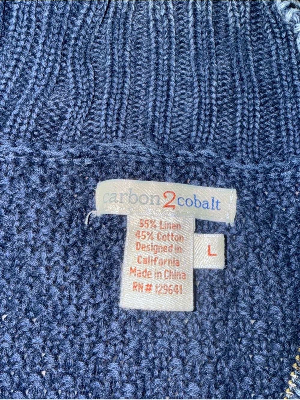 Carbon 2 Cobalt Indigo Zip Cardigan Men’s Large Blue Linen Cable Knit Fisherman